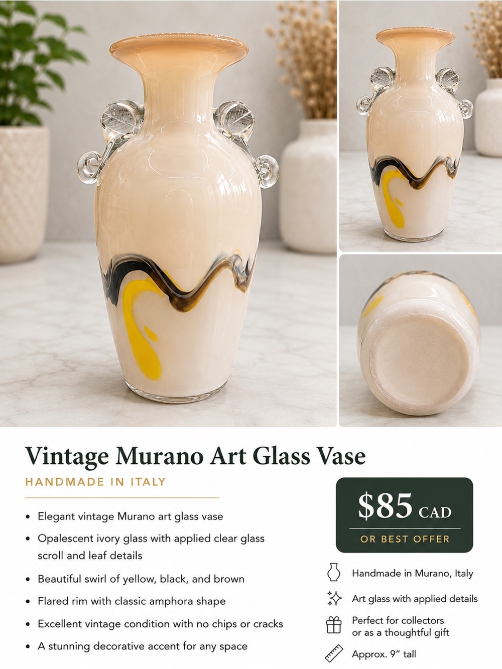 Opalescent Ivory Murano-Style Art Glass Vase with Yellow & Black Swirl